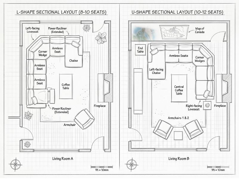 Top view floor plan sketch of L-shape and U-shape sectional sofa layouts in a living room