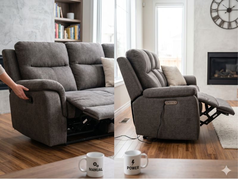 Side by side comparison of manual and power reclining sofa seats in a modern living room