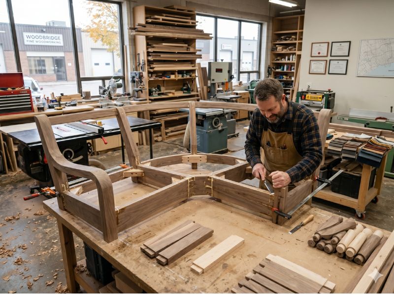 Solid hardwood sofa frame under construction in a furniture workshop in Woodbridge Ontario